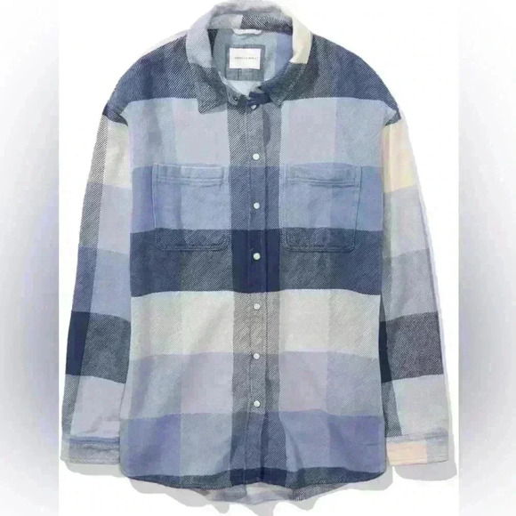 American Eagle Women Oversized Plaid Flannel Cotton Shirt Blue size M - Picture 3 of 10